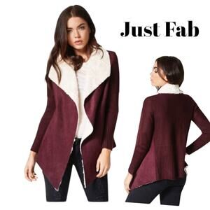 Just Fab Cardigan Women’s SZ M Burgundy Suede Faux Fur Collar Open Long Sleeve